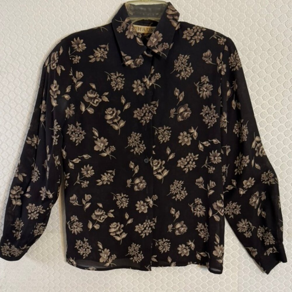 NWOT Chaus Floral Print Long Sleeve Sheer Button Up Blouse-Collar, Cuffs- Size 4